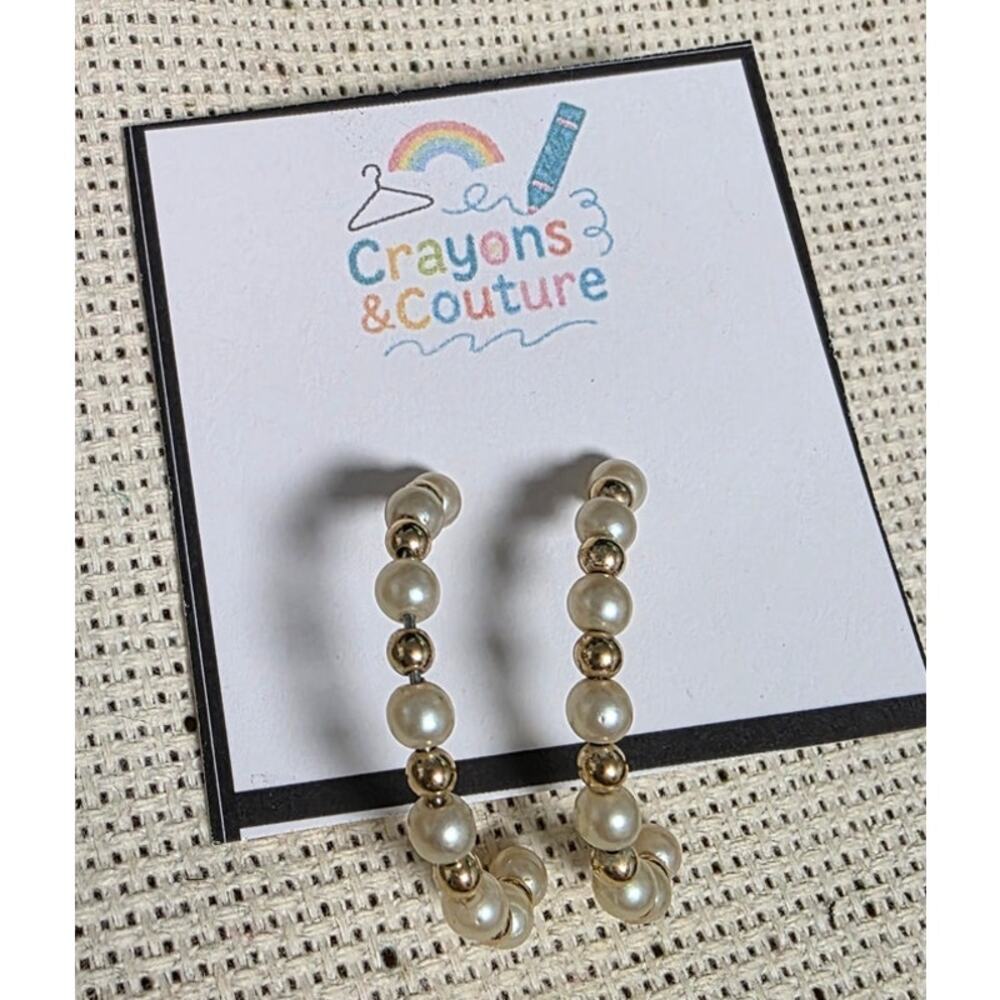 Gold & White Beaded Pearl Hoop Drop Earrings Classic Fancy Statement